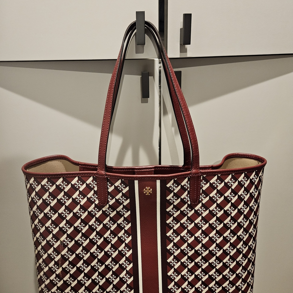 Tory Burch Burgundy and Cream Checkered Tote